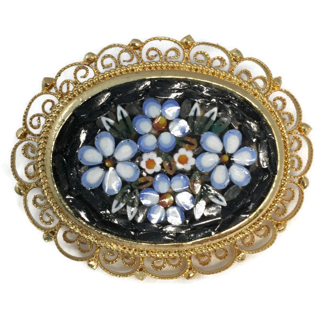 Vintage Mosaic Brooch Italian Micro Mosaic Brooch, Floral Oval Pin, Marked Italy, Fillagree