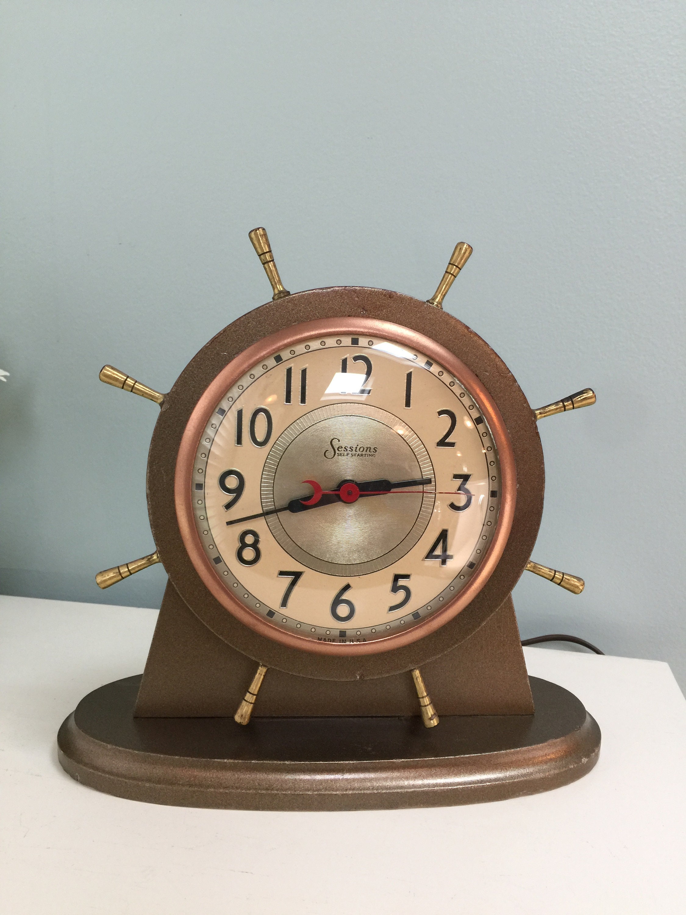 Vintage Nautical Clock, Sessions Ships Wheel, Wood Shelf Clock