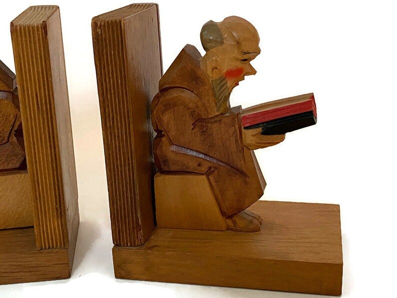 Vintage Monk Bookends Carved Wood Book Ends Reading Library Etsy