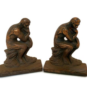 Vintage The Thinker bookends - Rodin Sculpture replica, bookshelf display, pair book ends, Cast Metal, Library Decor