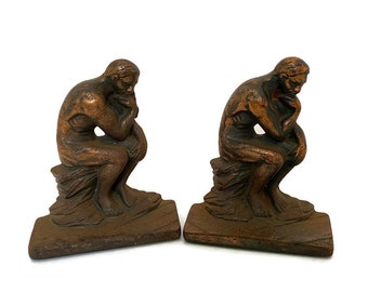 Vintage The Thinker bookends - Rodin Sculpture replica, bookshelf display, pair book ends, Cast Metal, Library Decor