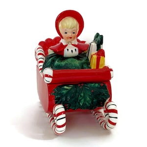 Midcentury Lefton Ceramic Christmas Girl on a Sleigh Candy Box