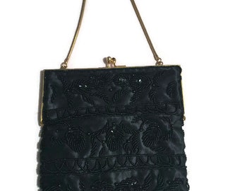 Vintage Beaded Purse , Black Hand Beaded, Made in Hong Kong, Rhinestone Clasp, Evening Bag, Gold Chain Strap, Bellarivas