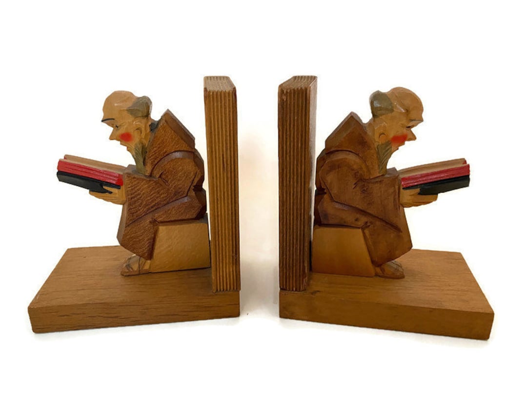 Vintage Monk Bookends Carved Wood Book Ends, Reading Library Decor Etsy