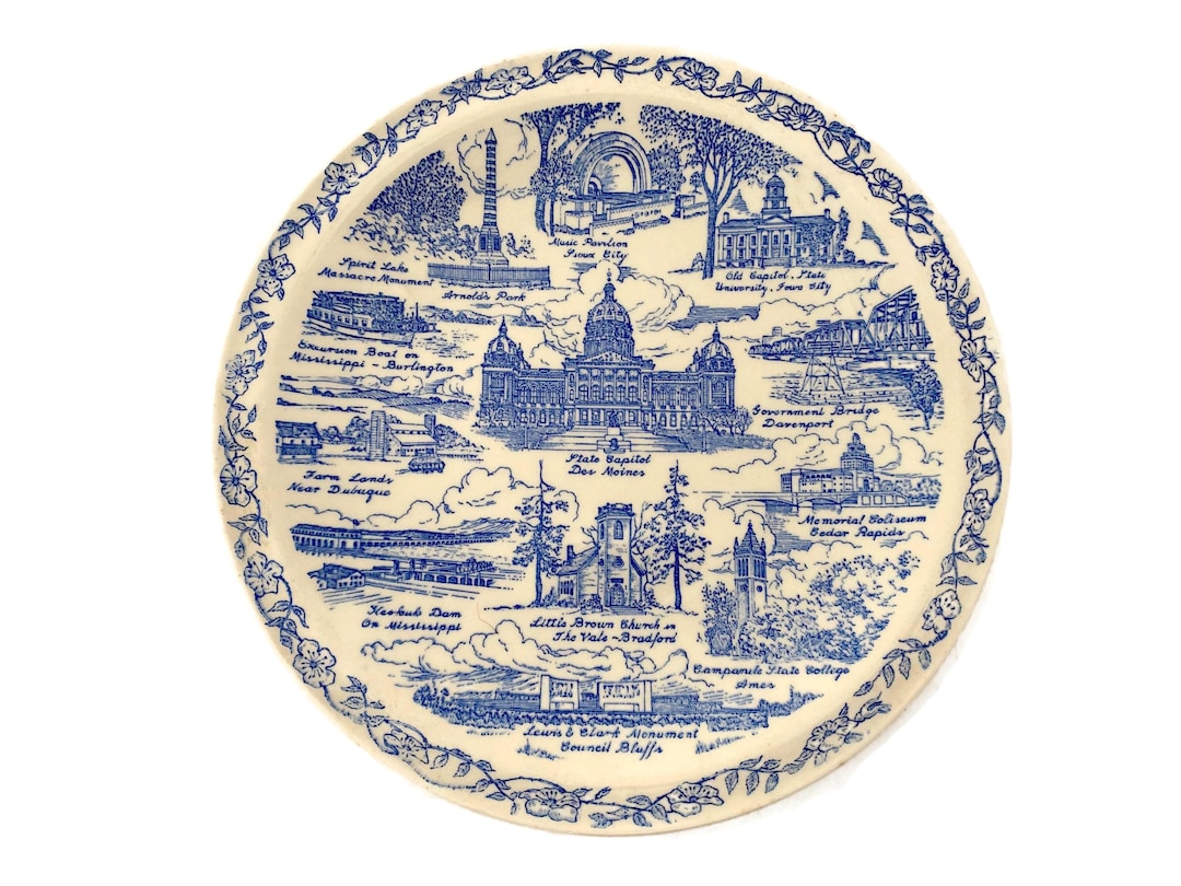 Vintage Iowa Plate by Vernon Kilns, Blue and White State Collectible - Etsy