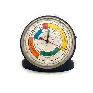 May include: A vintage Sport-Master timer with a black base and a circular face. The face features a white background with colored segments for time intervals, including red, yellow, blue, and green. The text "SPORT-MASTER" is visible.