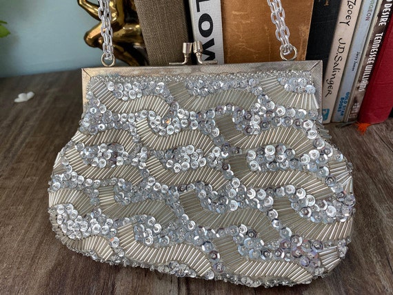 Vintage Style Beaded Floral Evening Clutch Bag Wedding Party Prom Purse  Handbag,Grey 