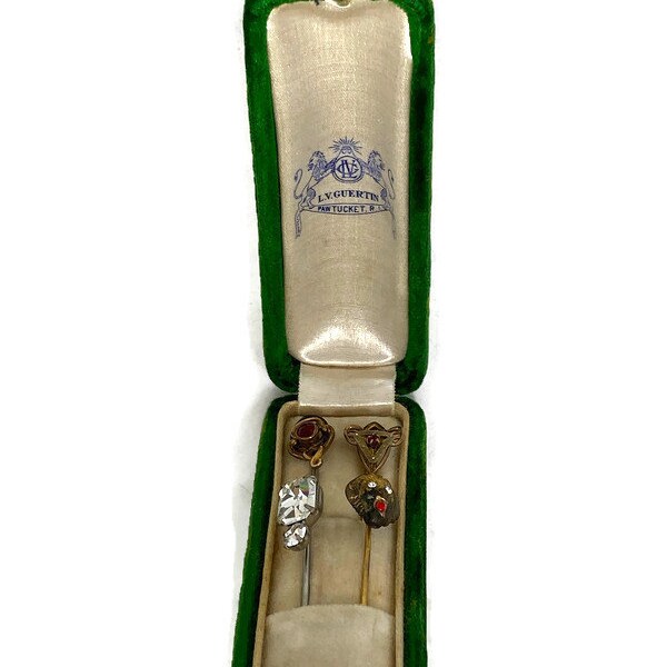 Antique Stickpins with Jewel Box, LV Guertin Pawtucket RI