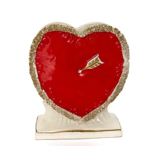 Midcentury Valentine&#39;s Day Heart Shaped  Ceramic Planter with Rhinestone Center