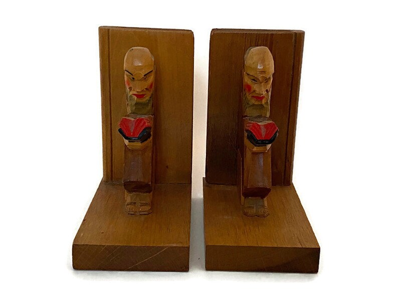 Vintage Monk Bookends Carved Wood Book Ends Reading Library Etsy