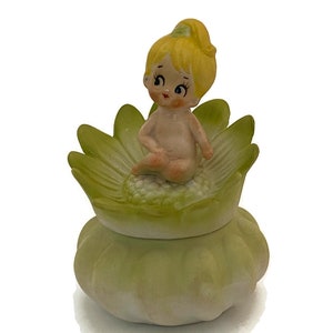 Midcentury Ceramic Flower Dresser Jar with Baby Sitting Atop