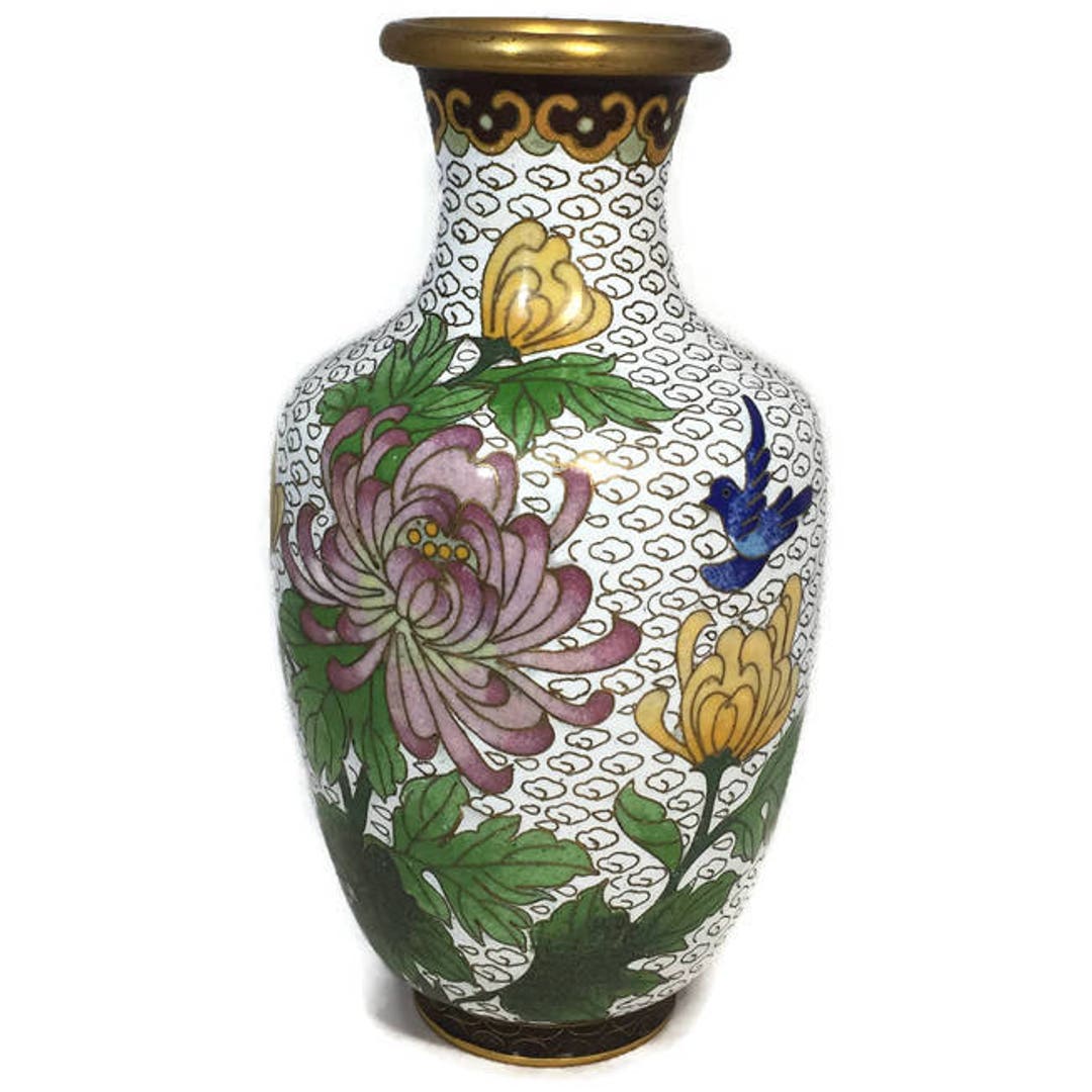 Vintage Cloisonne Vase, Chinese Brass and Enamel, Floral Design,  Collectible Decorative Accent 