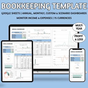 May include: A Google Sheets bookkeeping template with three different dashboards displayed on a laptop, tablet, and smartphone. The dashboards are labeled "Annual Dashboard" and show graphs and charts for income and expenses. The template is designed to help users monitor their finances and track their progress over time. The text "MULTI YEAR PROFIT & LOSS" is displayed in a box on the right side of the image.