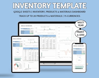 May include: A Google Sheets inventory template dashboard with a blue background. The dashboard is displayed on a laptop, tablet, and smartphone. The dashboard includes charts, graphs, and tables to track inventory, products, and materials. The text on the dashboard reads "Annual Dashboard", "Multi Year", "Profit & Loss", and "10.30%".