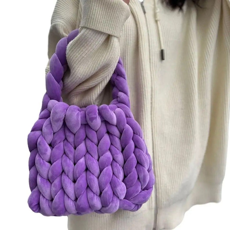 Bolsos de ganchillo de cuerda para mujer, bolso de mano acrílico hecho a mano para axila, bolsos cruzados de punto de diseñador para mujer, bolso tejido de verano Morado