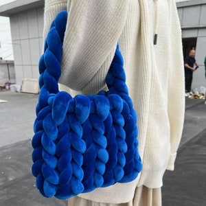 Bolsos de ganchillo de cuerda para mujer, bolso de mano acrílico hecho a mano para axila, bolsos cruzados de punto de diseñador para mujer, bolso tejido de verano Azul