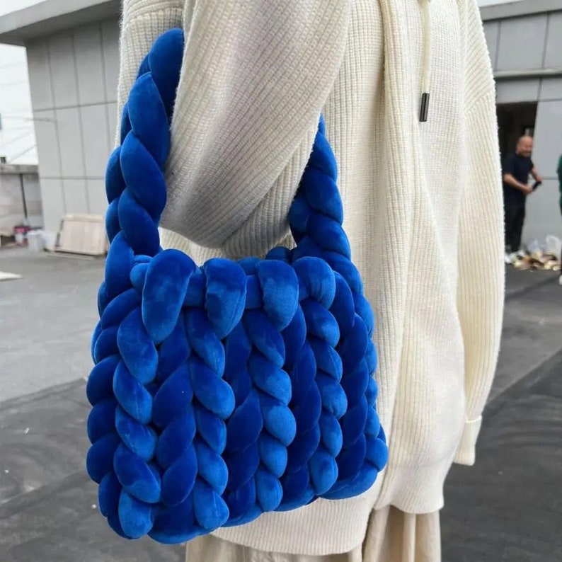 Bolsos de ganchillo de cuerda para mujer, bolso de mano acrílico hecho a mano para axila, bolsos cruzados de punto de diseñador para mujer, bolso tejido de verano Azul