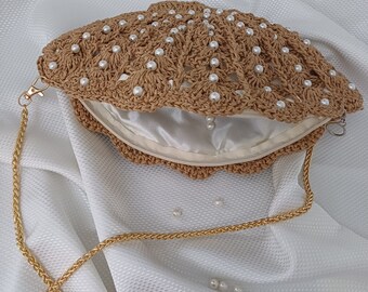 Elegante y Único: Bolso Oyster de punto con detalle de perlas,Bolso de hombro hecho a mano,Bolso con asa de crochet