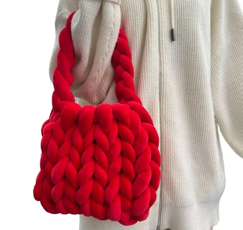 Bolsos de ganchillo de cuerda para mujer, bolso de mano acrílico hecho a mano para axila, bolsos cruzados de punto de diseñador para mujer, bolso tejido de verano Rojo