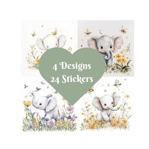 Adesivi quadrati a forma di elefante, acquerello. 4 disegni, 24 adesivi. Coccole e scintille.