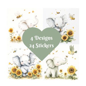 Adesivi quadrati a forma di elefante, acquerello. 4 disegni, 24 adesivi. Coccole e scintille.