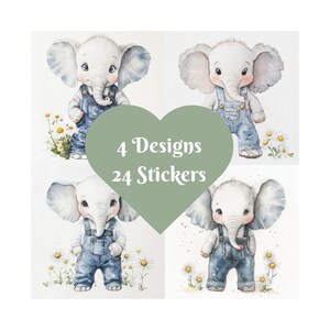 Adesivi quadrati a forma di elefante, acquerello. 4 disegni, 24 adesivi. Coccole e scintille.