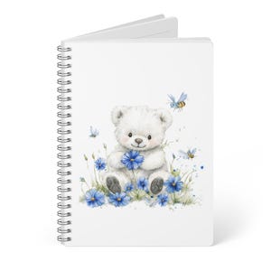 Cahier à spirales ours mignon avec bleuets, adorable journal A5 pour enfants et adultes. Cadeau d'anniversaire, écriture, amoureux des animaux