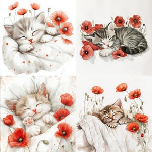 Adesivi quadrati acquerello con gatti e gattini. 4 disegni, 24 adesivi. Coccole e scintille.
