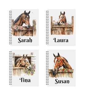 May include: Four spiral bound notebooks with horse illustrations and names "Sarah", "Laura", "Tina", and "Susan" printed on the front.