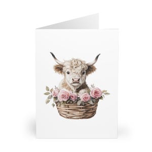 Biglietti d'auguri con mucca delle Highlands, set di biglietti floreali, compleanno, ringraziamento, decorazioni in stile fattoria, interno vuoto per messaggi personali
