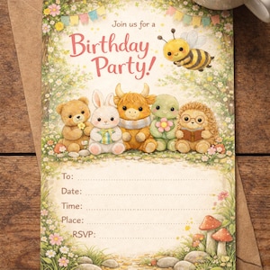 Puede incluir: Una invitación caprichosa para una fiesta de cumpleaños con un diseño encantador. La invitación incluye el texto "Join us for a Birthday Party!" y presenta ilustraciones de adorables criaturas del bosque, incluyendo un oso, un conejo, un toro, una tortuga, un erizo y una abeja.