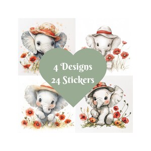 Adesivi quadrati a forma di elefante, acquerello. 4 disegni, 24 adesivi. Coccole e scintille.