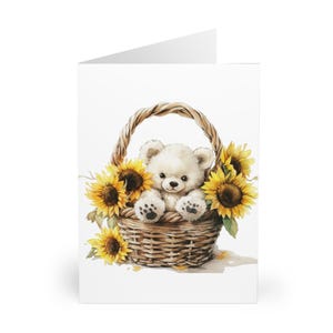 Lindo juego de tarjetas de felicitación con osos y girasoles, deseos de cumpleaños caprichosos, notas escritas a mano, tarjetas de ánimo florales.