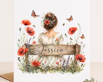 Personalised Botanical Lady Card | Custom Name, Hair Colour | Watercolour Floral Greeting 5x5