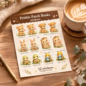 May include: A sheet of stickers featuring cute animal illustrations, including bears, rabbits, hedgehogs, turtles, bees, and highland cows. The stickers are labeled with names like "Pippin the Bear" and "Beatrice the Bee." The sheet is labeled "Pebble Patch Books stickers."