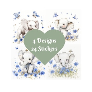 Adesivi quadrati a forma di elefante, acquerello. 4 disegni, 24 adesivi. Coccole e scintille.