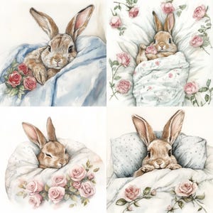 Adesivi quadrati acquerello a forma di coniglio. 4 disegni, 24 adesivi. Coccole e scintille.