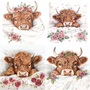 Adesivi quadrati acquerello con mucca delle Highlands. 4 disegni, 24 adesivi. Coccole e scintille