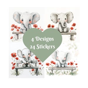 Adesivi quadrati a forma di elefante, acquerello. 4 disegni, 24 adesivi. Coccole e scintille.
