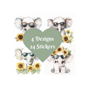 Adesivi quadrati a forma di elefante, acquerello. 4 disegni, 24 adesivi. Coccole e scintille.