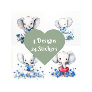Adesivi quadrati a forma di elefante, acquerello. 4 disegni, 24 adesivi. Coccole e scintille.