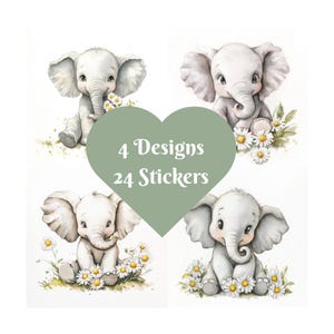 Adesivi quadrati a forma di elefante, acquerello. 4 disegni, 24 adesivi. Coccole e scintille.