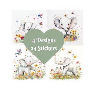Adesivi quadrati a forma di elefante, acquerello. 4 disegni, 24 adesivi. Coccole e scintille.