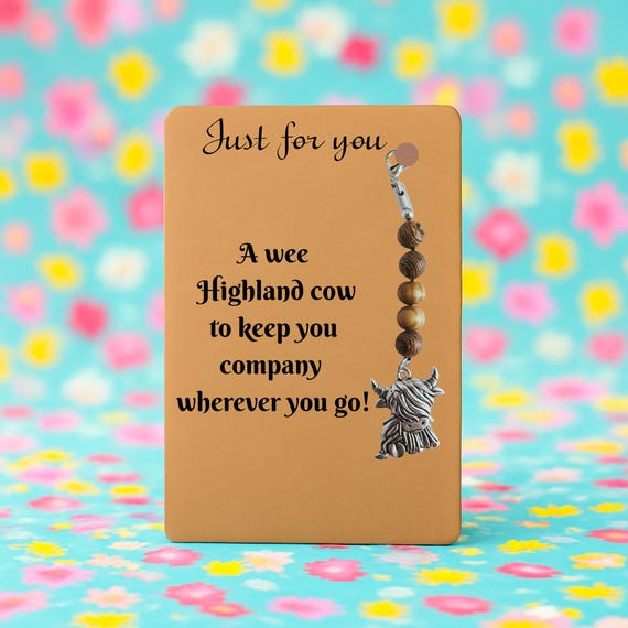 Highland Cow Bag Charm: Tibetan Silver Cow, Wooden Beads Keyring