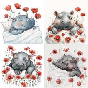 Adesivi quadrati acquerello a forma di ippopotamo. 4 disegni, 24 adesivi. Coccole e scintille.