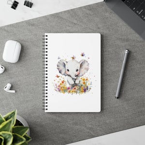 Cahier à spirale éléphant mignon avec fleurs sauvages, parfait pour les enfants et les adultes. Amoureux de la nature, idéal pour tenir un journal, école, cadeau, notes créatives