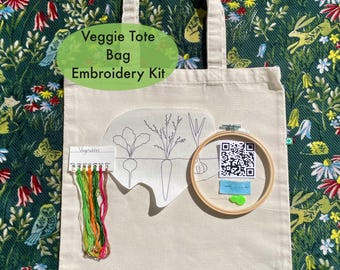 Vegetable Embroidery Kit, Recycled Cotton Tote Bag, DIY Grocery Bag