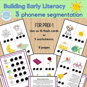 May include: Educational flash cards and worksheets for early literacy, featuring illustrations of a dog, sun, and other objects. The cards are designed for PreK-1 students to practice phoneme segmentation, with instructions and suggested uses included. The text reads "Building Early Literacy".