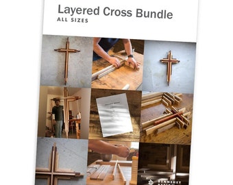 May include: A collage of images showing the process of making a layered wooden cross. The cross is made of multiple pieces of wood, each with a different grain pattern. The images show the cross being assembled, sanded, and finished. The text "Layered Cross Bundle ALL SIZES" is at the top of the image.