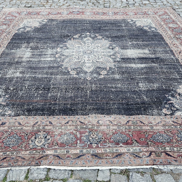 Square Home Decor Rug, Turkish Rug 10x10, Large Bedroom Rug, Black Oushak Rug, Farmhouse Living Room Rug, Old Handmade Rug, 10'4"x10'6"